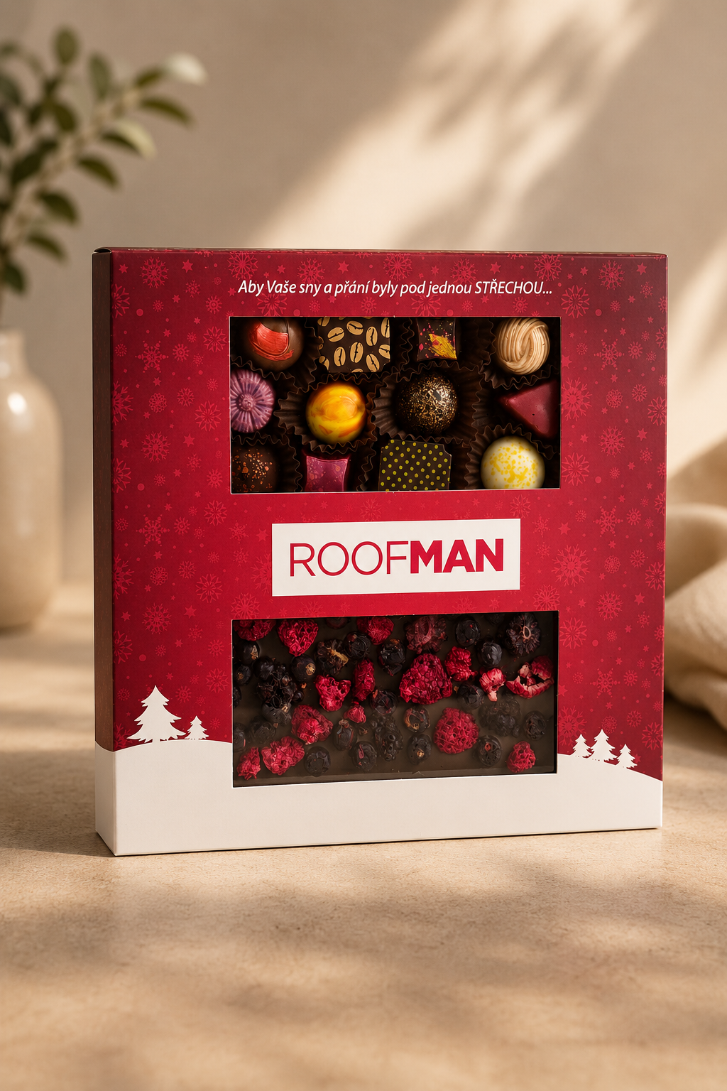 Krabička a čokoláda s brandingem Roofman